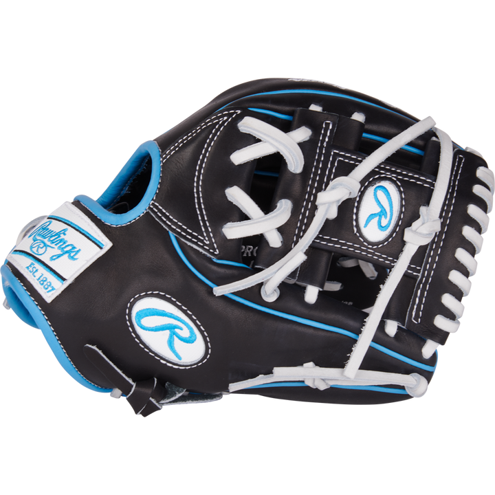 The Rawlings Pro Preferred 11.5" Baseball Glove (PROS934-2BW) is a black kip leather infield glove with white laces, blue accents, and the Rawlings logo on the wrist strap and thumb area.