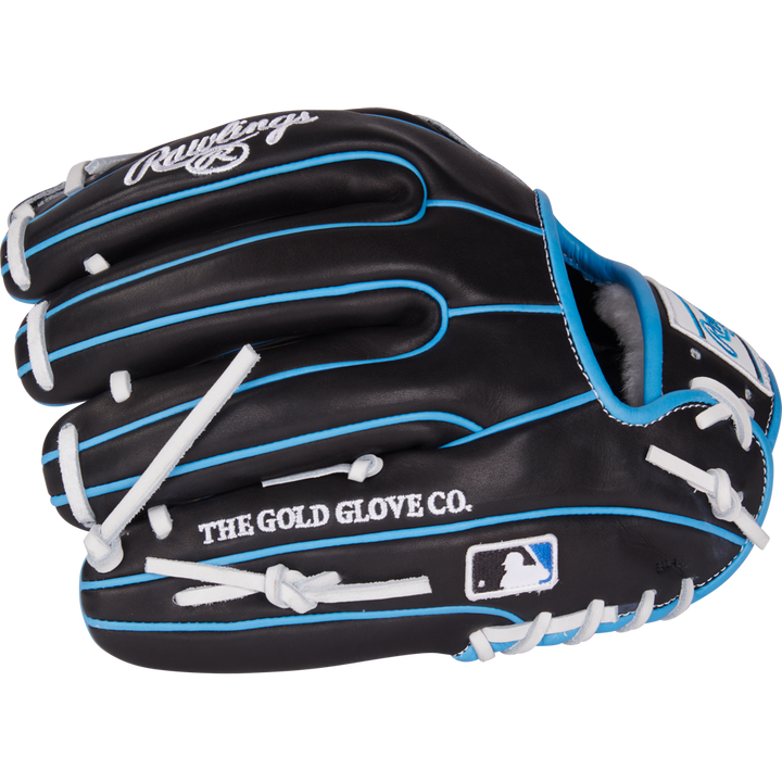 The Rawlings Pro Preferred 11.5" PROS934-2BW Baseball Glove is crafted from black kip leather with blue accents and white laces, and features âTHE GOLD GLOVE CO.â and the MLB logo printed on the side.