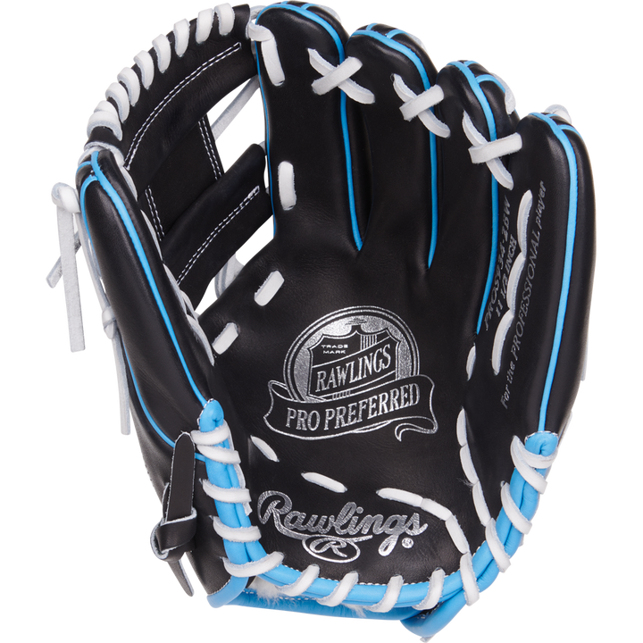 The Rawlings Pro Preferred 11.5" Baseball Glove (PROS934-2BW) is a black infield glove crafted from kip leather with white and light blue laces, and displays the Pro Preferred logo on the palm.