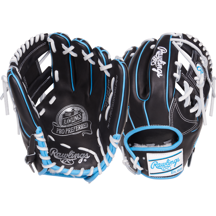 The Rawlings Pro Preferred 11.5" Baseball Glove (PROS934-2BW) features black and blue premium kip leather, ideal for infielders seeking top-quality performance.