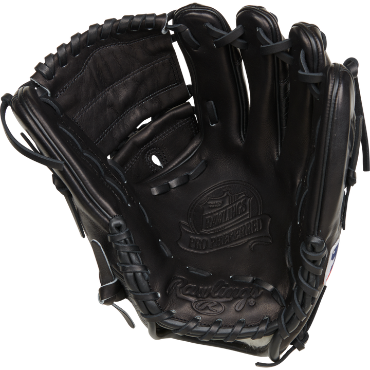 A Rawlings Pro Preferred 11.75" Jacob Degrom GM Baseball Glove (RPROSJD48) in black, featuring visible stitching and embossed palm branding, is shown upright with open fingers against a plain white background.