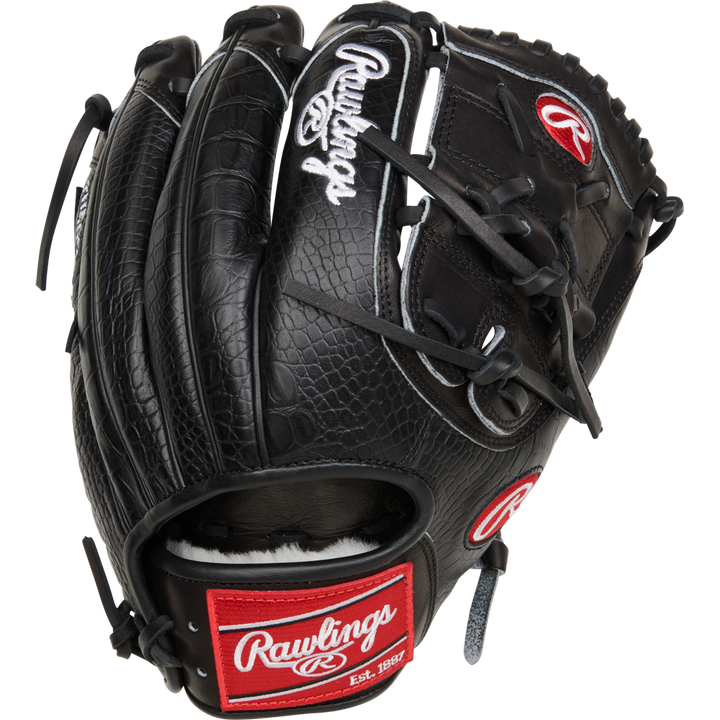 The Rawlings Pro Preferred 11.75" Jacob Degrom GM Baseball Glove (RPROSJD48) features a black textured surface, white stitching, red Rawlings logo patches on the wrist and thumb, durable lacing, and a soft interior for comfort.