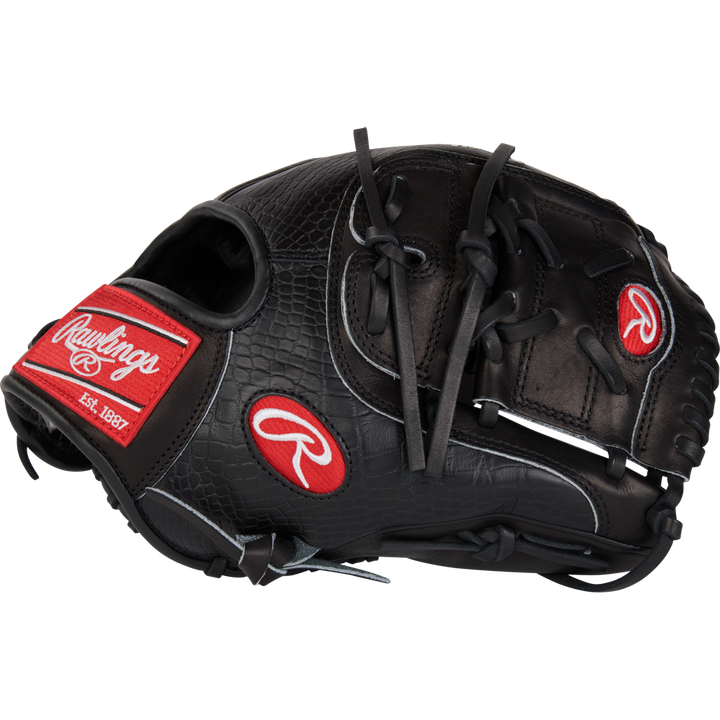 The Rawlings Pro Preferred 11.75" Jacob Degrom GM Baseball Glove (RPROSJD48) features black textured leather, red and white Rawlings logos, visible laces, and is ideal for pitchers seeking professional quality. Shown on a plain white background.