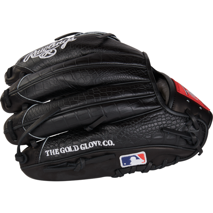The Rawlings Pro Preferred 11.75" Jacob Degrom GM Baseball Glove (RPROSJD48) features a black, textured design, white The Gold Glove Co. script, and an MLB logo patch on the wrist, ideal for pitchers and shown against a plain backdrop.