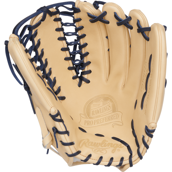 The Rawlings Pro Preferred 12.75" Mike Trout GM Baseball Glove (PROSMT27C) is a tan outfield glove with dark blue laces, Trap-Eze web, and Rawlings branding inside the palm.