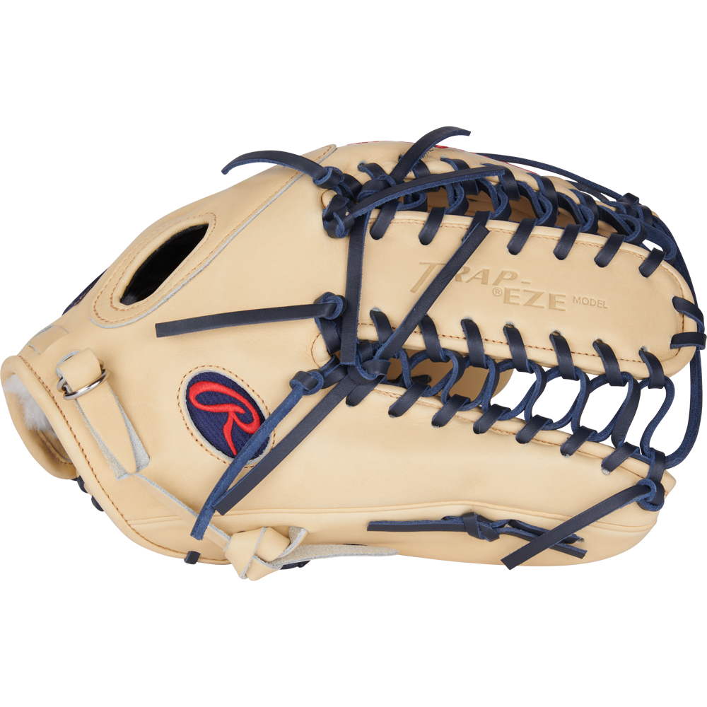 The Rawlings Pro Preferred 12.75" Mike Trout GM Baseball Glove (PROSMT27C) is a tan outfield glove with dark blue laces, a large Trap-Eze web, and the Rawlings logo embroidered in red and blue on the side.