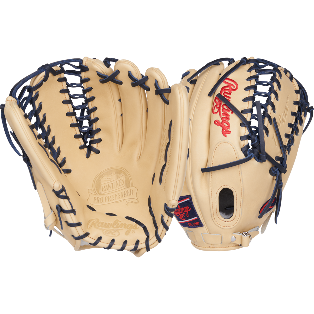 Two tan Rawlings Pro Preferred 12.75" Mike Trout GM gloves are shown: one displays the palm with Trap-Eze web and branding, the other shows the back with red logo, adjustable strap, and classic outfield glove design.