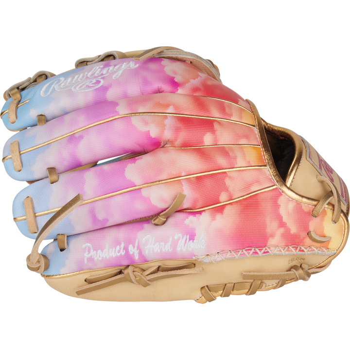 The Rawlings Heart of the Hide 12" Sierra Romero Game Model Fastpitch Glove (PROSR32C) features a unique pink and blue design, perfect for infield play.
