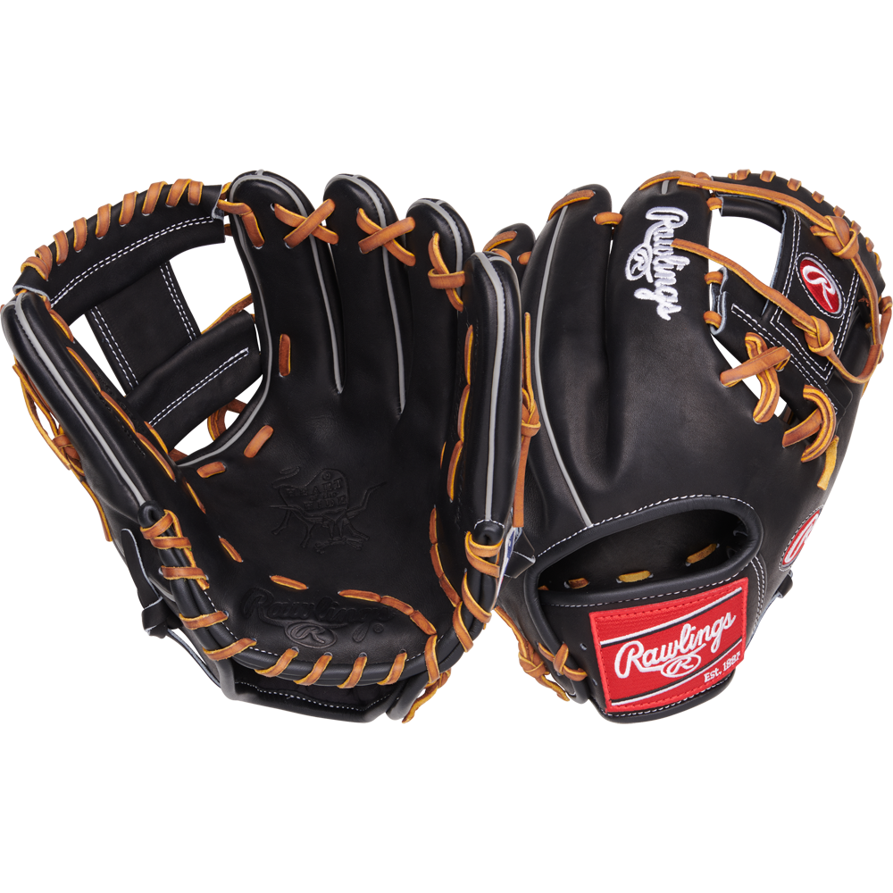 Two Rawlings Heart of the Hide 11.5" PROT204-2B infield gloves, black with tan laces and red Rawlings logos, are shown side by side on a white background.