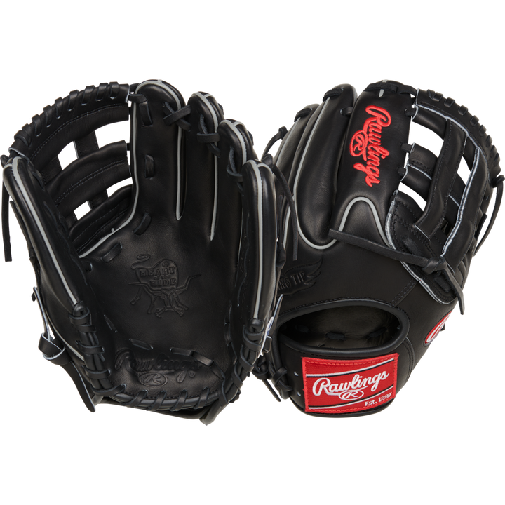 The Rawlings Heart of the Hide 11.75" Baseball Glove (RPROT205W-6B) is shown front and back in black with red and white embroidered logos, offering premium quality for serious players.