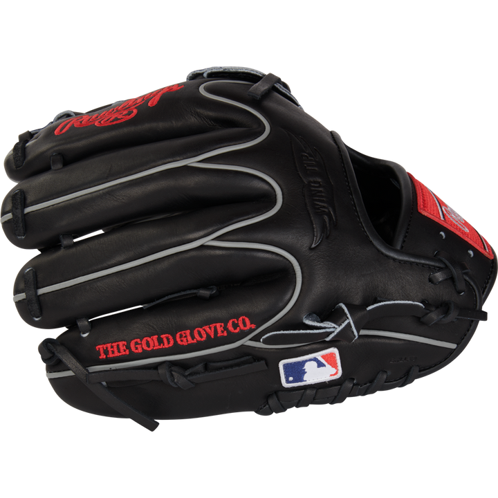 The Rawlings Heart of the Hide 11.75" Baseball Glove (RPROT205W-6B) features black leather, gray laces, red "THE GOLD GLOVE CO." stitching, and an MLB logo patch on the wrist strap.