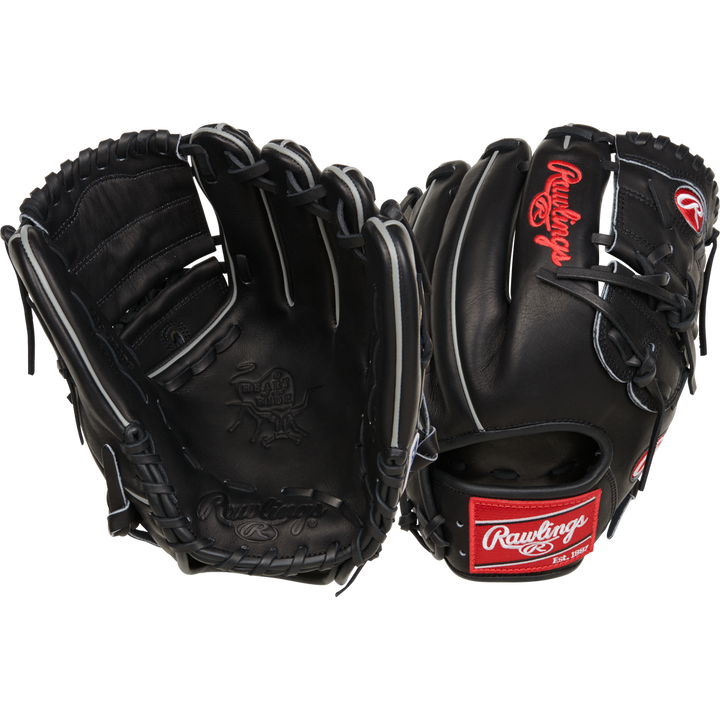 The Rawlings Heart of the Hide 12" Baseball Glove (RPROT206-9B) is a black infielder’s glove featuring the iconic red Rawlings logo—ideal for pitchers.