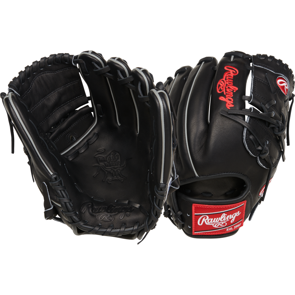 The Rawlings Heart of the Hide 12" Baseball Glove (RPROT206-9B) is a black infielder’s glove featuring the iconic red Rawlings logo—ideal for pitchers.
