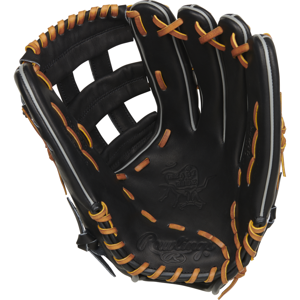 The Rawlings Heart of the Hide 12.75" Baseball Glove (RPROT3029C-6B) features black leather with orange laces and embossed logos on the palm and fingers, shown open to reveal its interior.