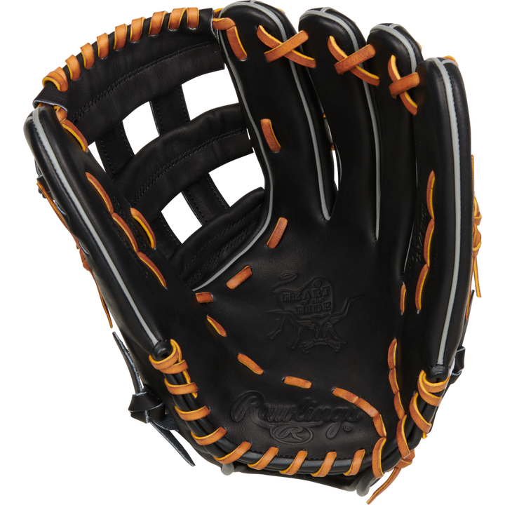 The Rawlings Heart of the Hide 12.75" Baseball Glove (RPROT3029C-6B) features black leather with orange laces and embossed logos on the palm and fingers, shown open to reveal its interior.