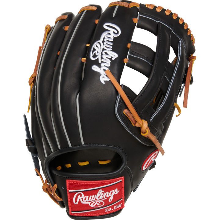 A new Rawlings Heart of the Hide 12.75" Baseball Glove (RPROT3029C-6B) features a black design with brown laces, white stitching, and a red Rawlings logo near the wrist, shown against a plain white background.