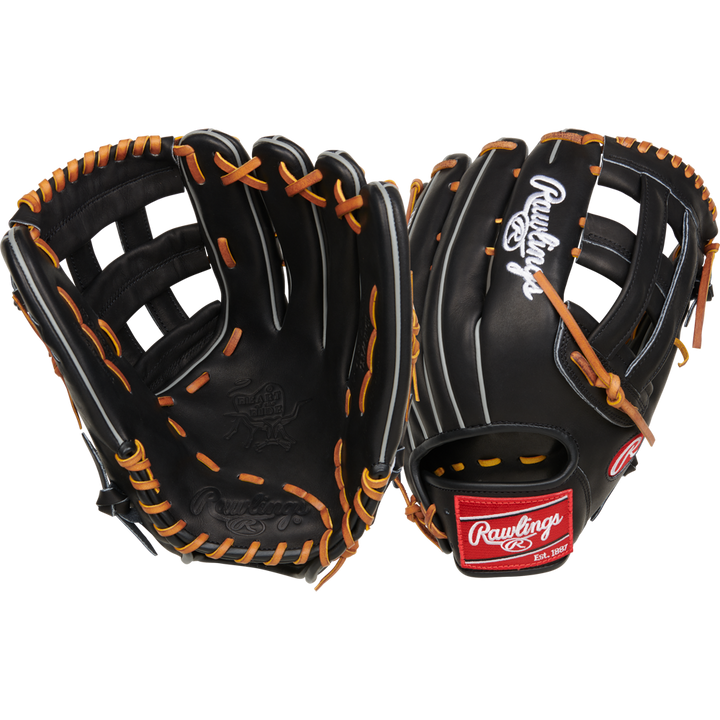 The Rawlings Heart of the Hide 12.75" Baseball Glove (RPROT3029C-6B) features a black design with tan laces, an open display of the inside and back, and showcases the iconic Rawlings logo plus a red label on the wrist strap.
