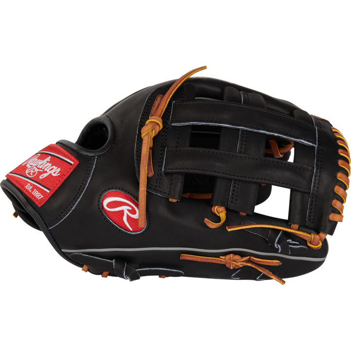 The Rawlings Heart of the Hide 12.75" Baseball Glove (RPROT3029C-6B) is a black outfield glove featuring a bold red logo.