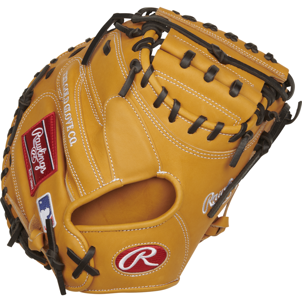 The Rawlings Heart of the Hide 33" Catcher's Mitt (RPROTCM33T) features a tan design with black laces, red and white Rawlings logos, and a white-stitched MLB logo on the wrist.