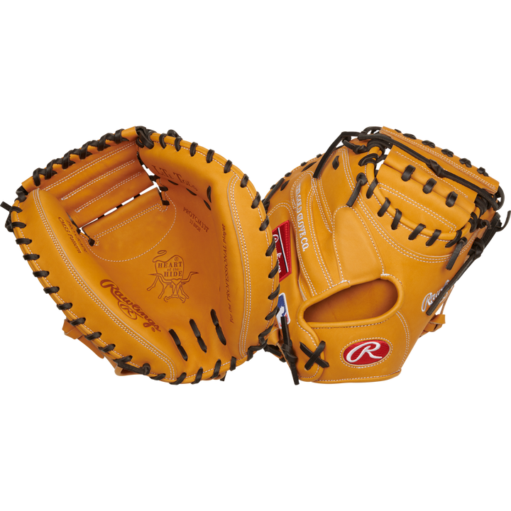 The Rawlings Heart of the Hide 33" Catcher's Mitt (RPROTCM33T) is shown open and closed, featuring tan leather, black lacing, white stitching, and a red Rawlings logo patch.
