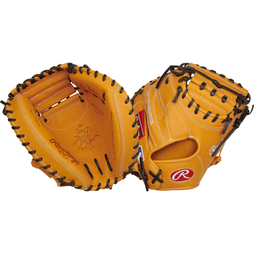 The Rawlings Heart of the Hide 33" Catcher's Mitt (RPROTCM33T) is shown open and closed, featuring tan leather, black lacing, white stitching, and a red Rawlings logo patch.