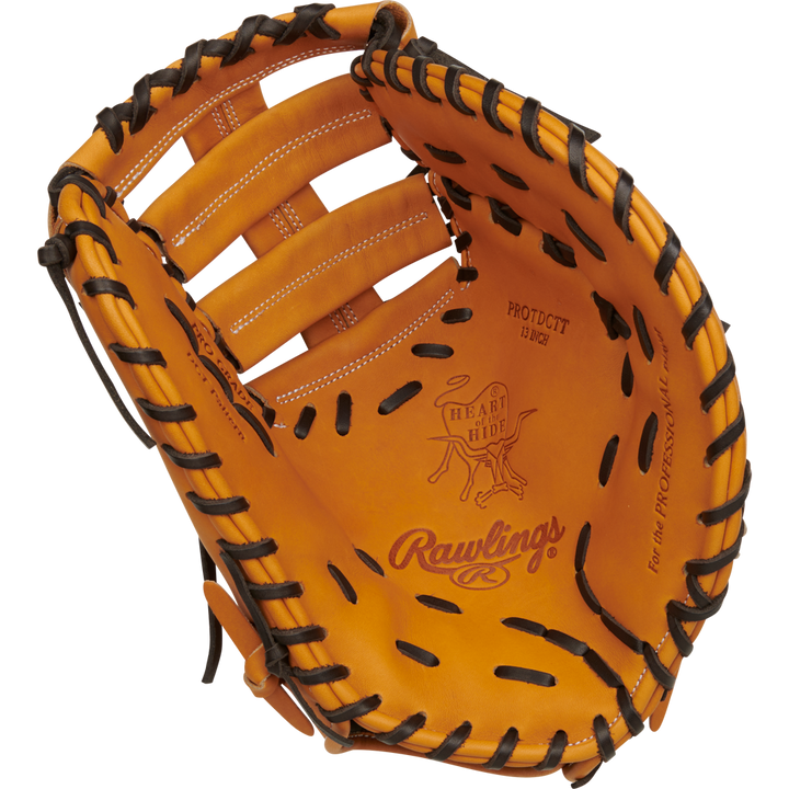 The Rawlings Heart of the Hide 13" First Base Mitt (RPROTDCTT) features tan premium leather, black lacing, bold Rawlings branding, a deep pocket, and fine stitching for top performance.