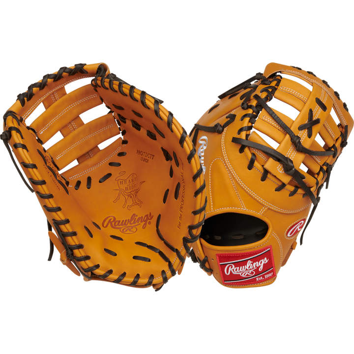 Two Rawlings Heart of the Hide 13" First Base Mitts (RPROTDCTT) are shown side by side in tan leather with black lacing, one displaying the palm and the other the back, featuring visible Rawlings branding and red logo patches.