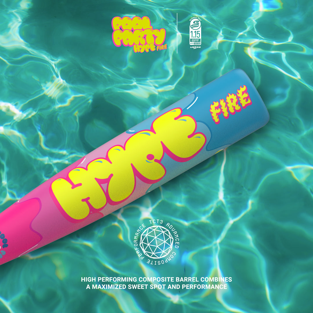 A colorful baseball bat labeled Hype Fire floats in a pool with clear blue water. The text below highlights its high-performing composite barrel for a maximized sweet spot and performance.