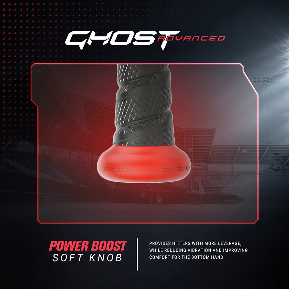 Close-up of the 2024 Easton Ghost Advanced (-11) Fastpitch Softball Bat (EFP4GHAD11) handle shows a black design with a red Power Boost soft knob for more leverage, less vibration, and greater comfort. A stadium background appears faintly.