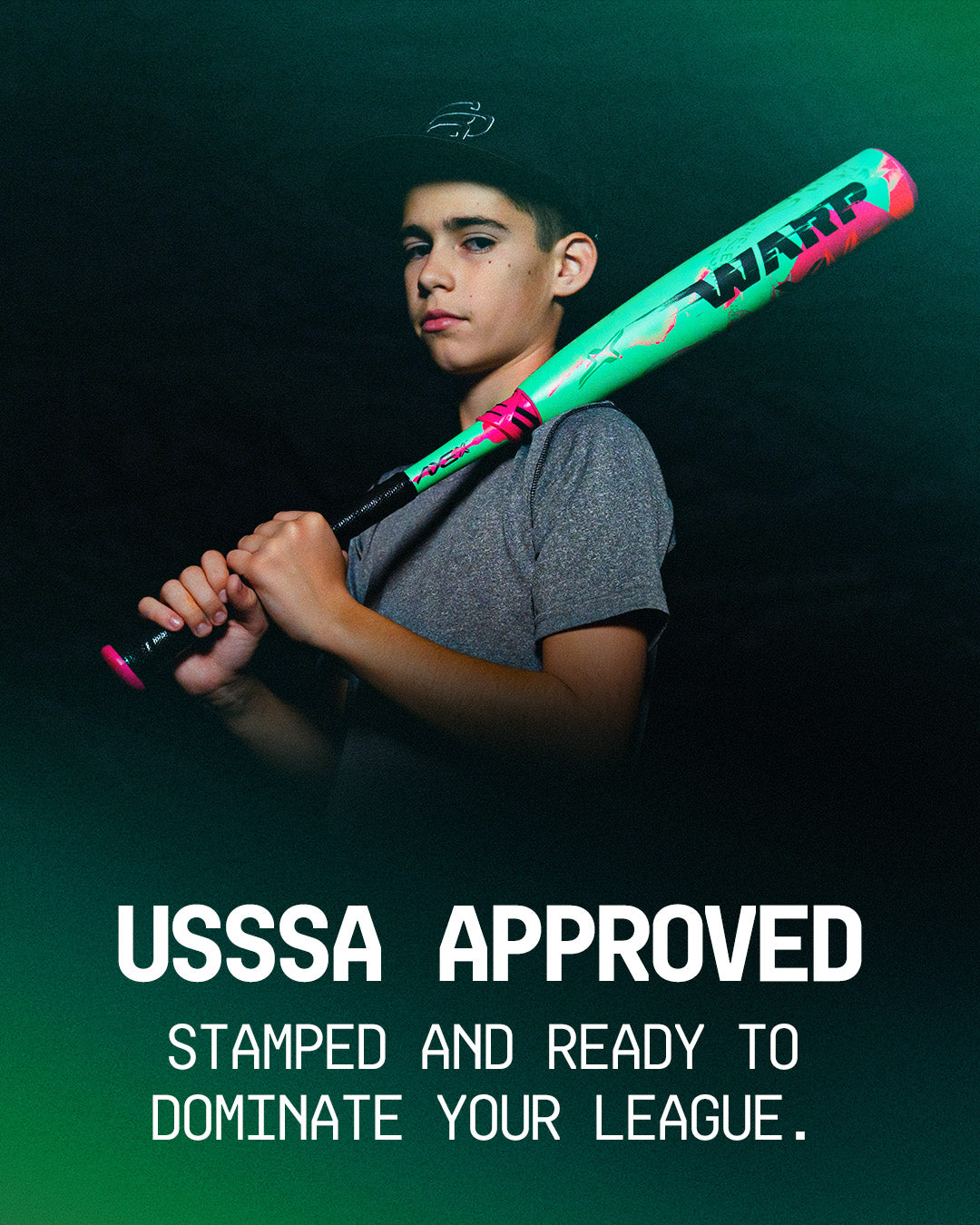 A young boy in a cap holds the vibrant pink and green 2025 AXE Warp (-10) 2 3/4" USSSA Baseball Bat: L148P over his shoulder. Bold text below reads, USSSA APPROVED. Dark background with a striking green gradient. Brand: AXE.