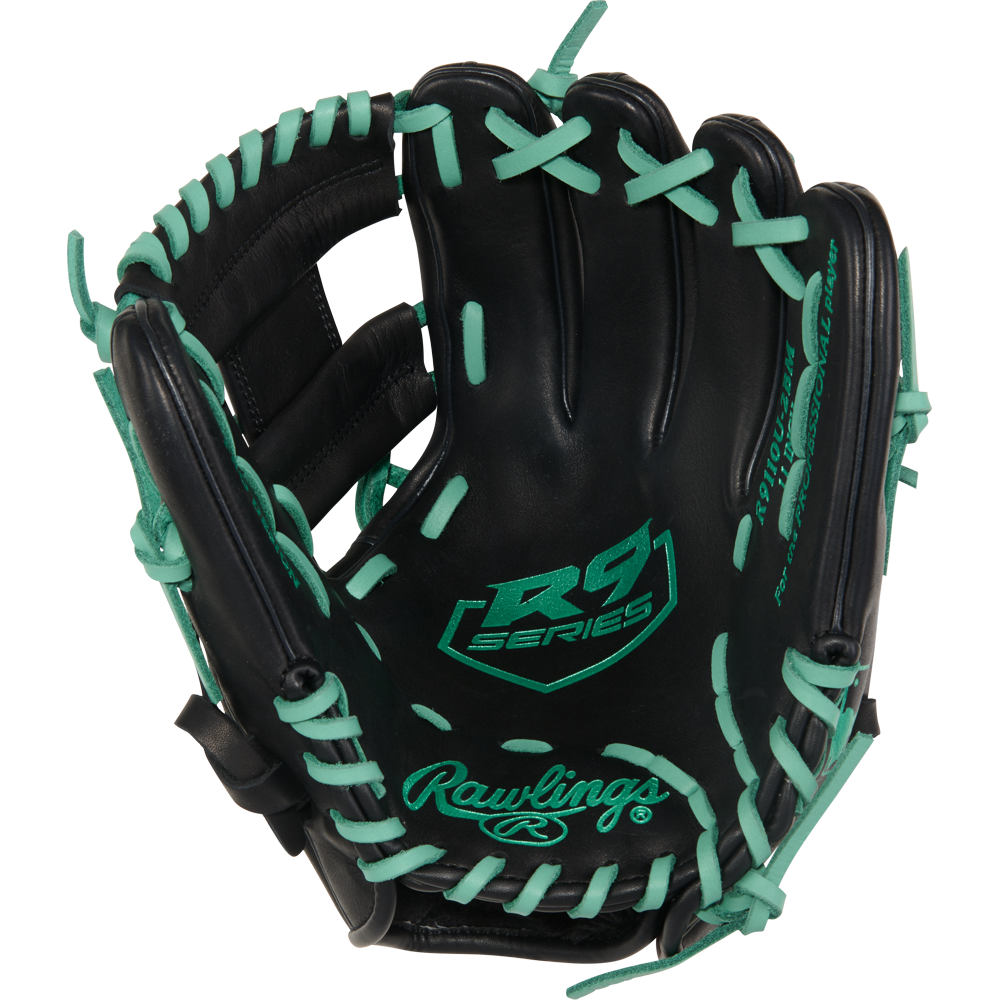 The Rawlings R9 11" ContoUR Baseball Glove (R9110U-2BM) is a black youth infield glove with teal laces and stitching, RS Series and Rawlings logos on the palm—stylish and ideal for young players.