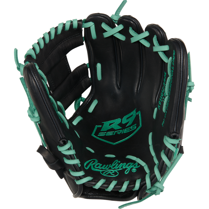 The Rawlings R9 11" ContoUR Baseball Glove (R9110U-2BM) is a black youth infield glove with teal laces and stitching, RS Series and Rawlings logos on the palm—stylish and ideal for young players.