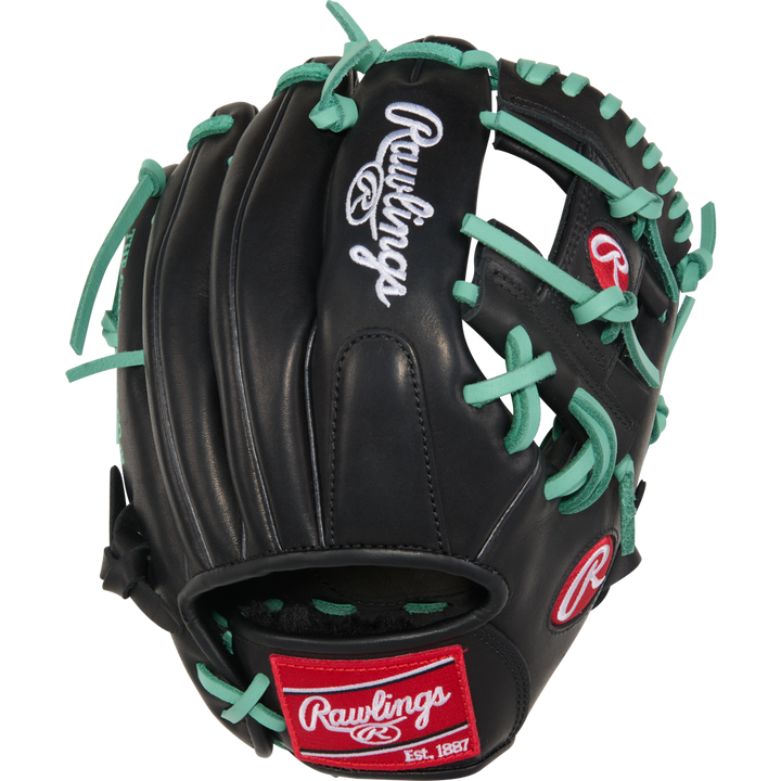 The Rawlings R9 11" ContoUR Baseball Glove (R9110U-2BM) is a black youth infield glove with teal laces, white embroidered logo, and a red Est. 1887 wrist patch, offering top style and performance for young players.