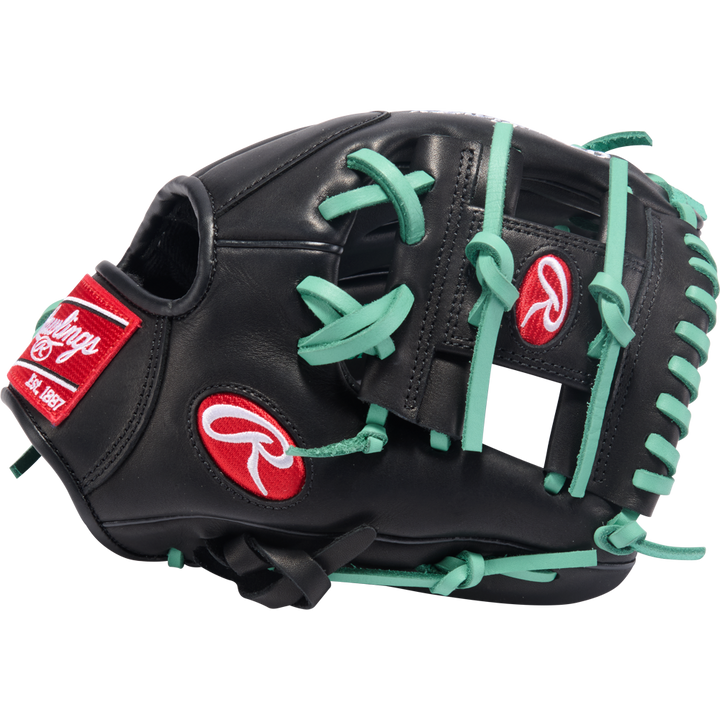 The Rawlings R9 11" ContoUR Baseball Glove (R9110U-2BM) is a black youth infield glove with teal laces, red Rawlings logos, and an open web, shown on a white background.