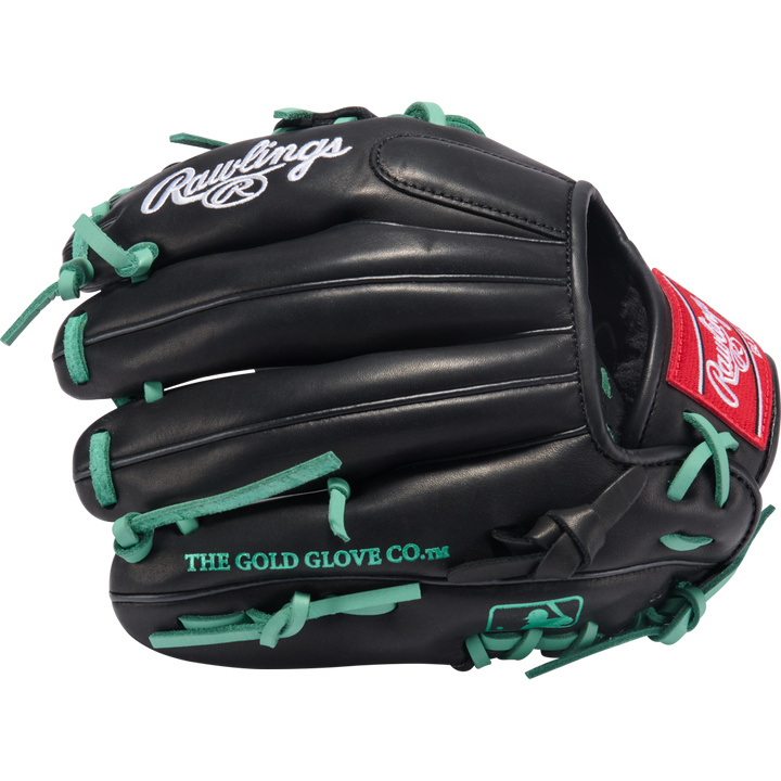 The Rawlings R9 11" ContoUR Baseball Glove (R9110U-2BM) features a black design with green laces, white “Rawlings” and “THE GOLD GLOVE CO.” text, and a red patch. Ideal for youth infielders seeking top performance and style.