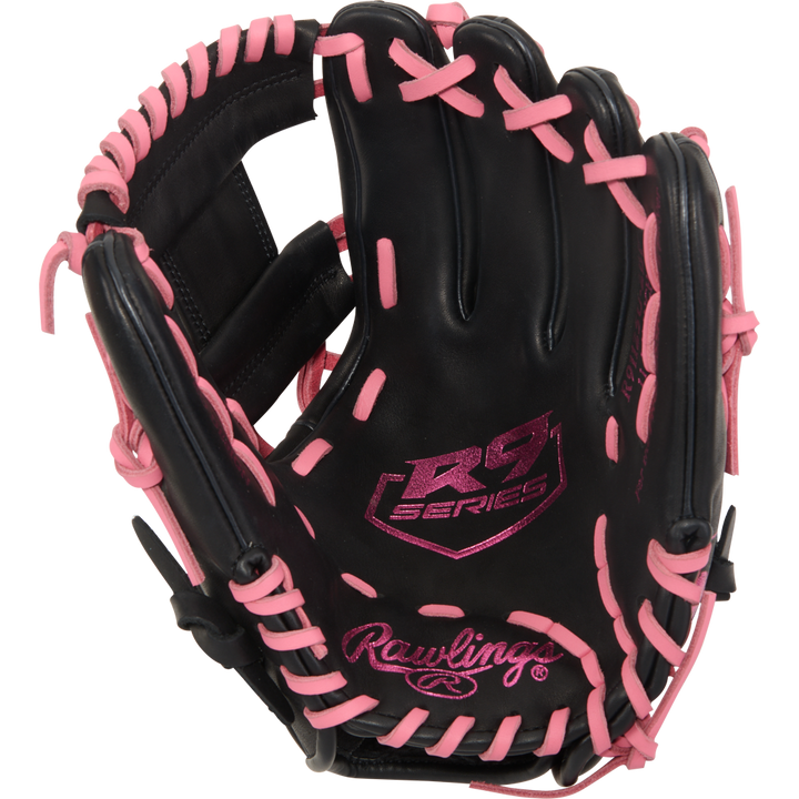 The Rawlings R9 11.25" ContoUR youth baseball glove (R91125U-2BP) is black with pink laces and stitching, features "11.25-inch infield glove" on the palm, and has the Rawlings logo near the wrist.
