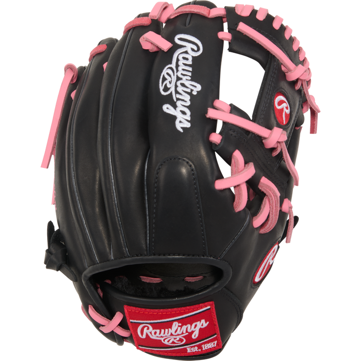 The Rawlings R9 11.25" ContoUR Baseball Glove (R91125U-2BP) is a black youth infield glove with pink laces, white logo details, and a red "Rawlings Est. 1887" patch—blending style and performance for young players.