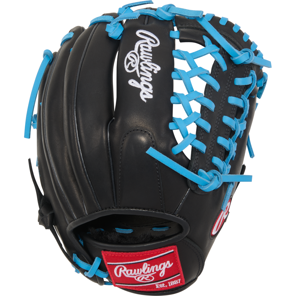 The Rawlings R9 11.5" ContoUR Baseball Glove (R9115U-4BCB) features black all-leather, bright blue laces, red accents, and a white Rawlings logo—perfect as a youth infield glove.