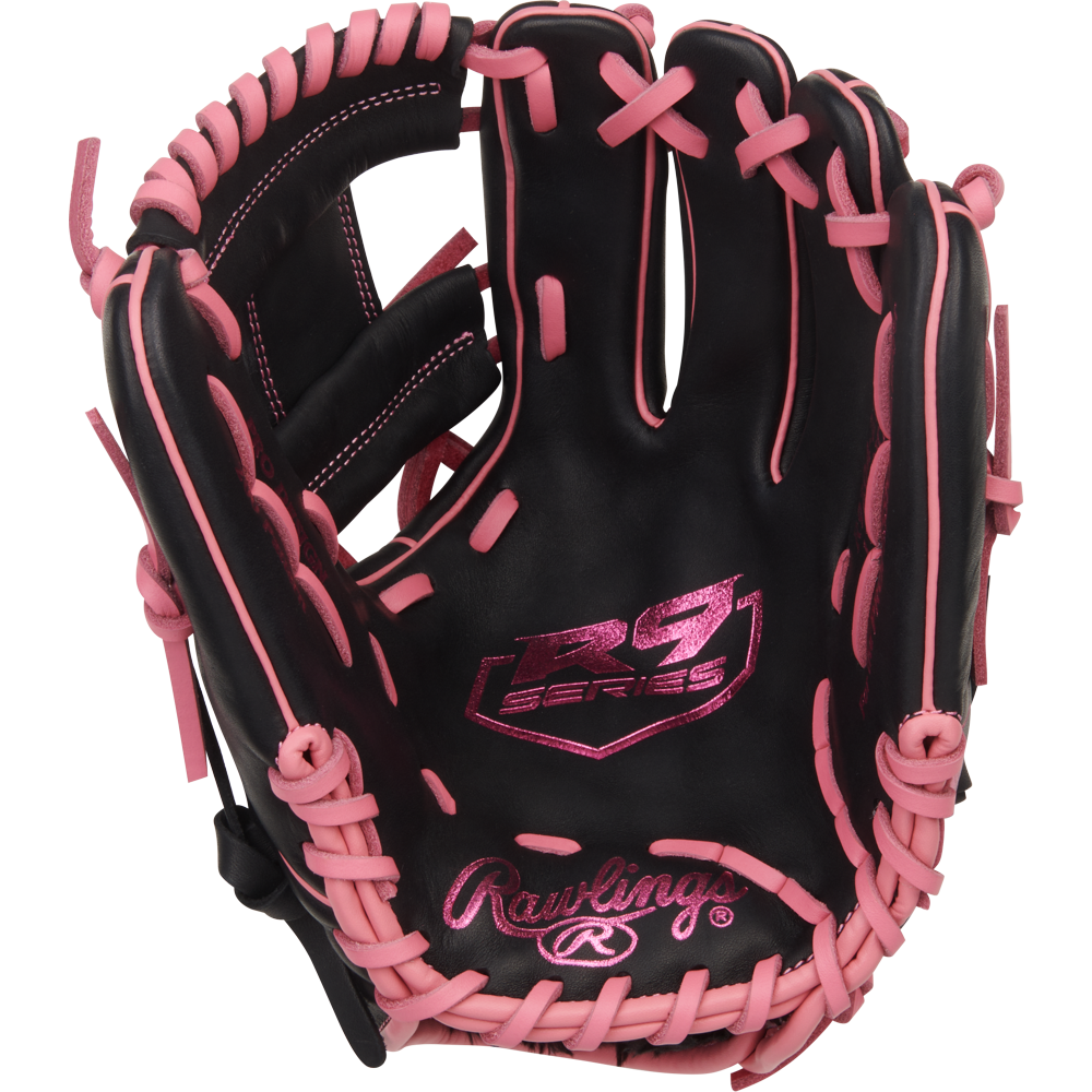 The Rawlings R9 11.5" Baseball Glove (R9204-2BP) features a black design with pink laces and stitching, plus pink R9 Series and Rawlings logos on the palm—perfect for young infielders who want style and performance.