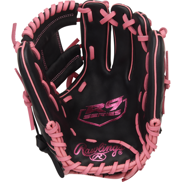The Rawlings R9 11.5" Baseball Glove (R9204-2BP) features a black design with pink laces and stitching, plus pink R9 Series and Rawlings logos on the palm—perfect for young infielders who want style and performance.