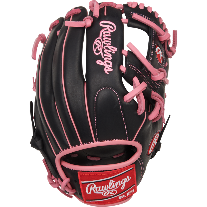 The Rawlings R9 11.5" Baseball Glove (R9204-2BP) is a stylish youth infield glove in black with pink laces and accents, featuring the Rawlings logo in white and red on the wrist strap—perfect for young players.