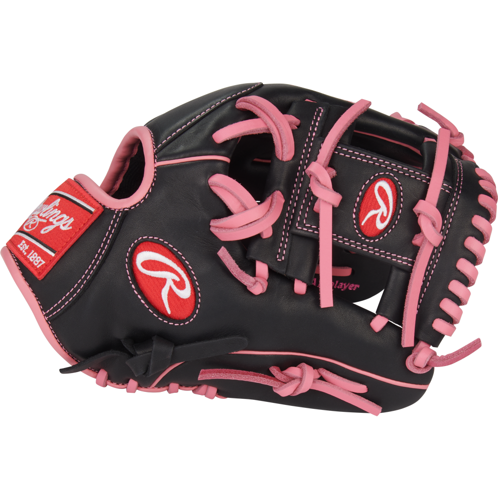 The Rawlings R9 11.5" Baseball Glove: R9204-2BP is a black youth infield glove with pink lacing and accents, plus Rawlings logos on the wrist and thumb, shown on a white background.