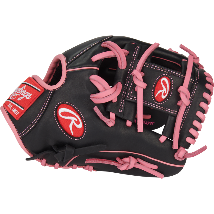The Rawlings R9 11.5" Baseball Glove: R9204-2BP is a black youth infield glove with pink lacing and accents, plus Rawlings logos on the wrist and thumb, shown on a white background.