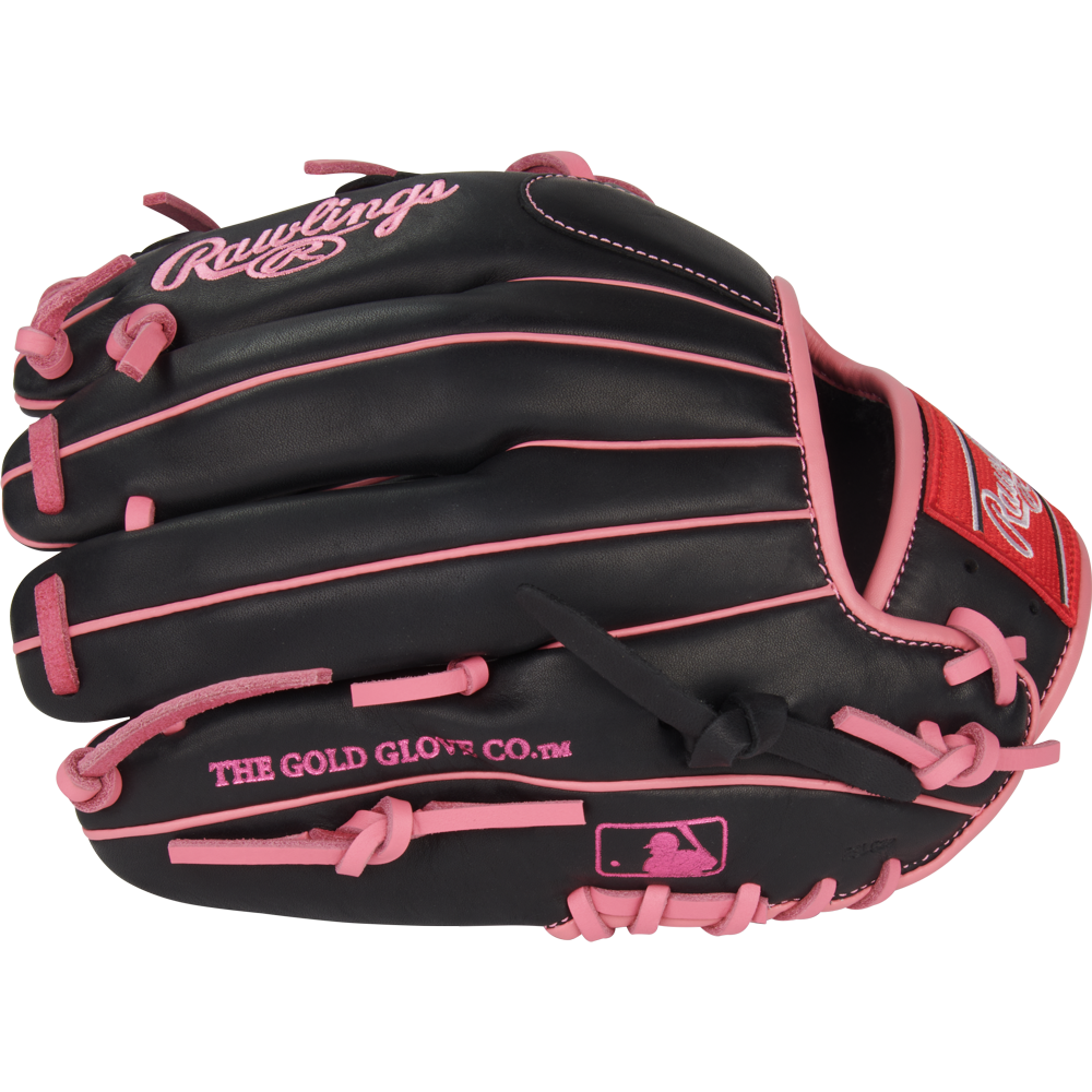 The Rawlings R9 11.5" Baseball Glove (R9204-2BP) features a black design with pink laces, trim, logos, GOLD GLOVE CO. text, and MLB logo—ideal for youth infielders who want standout style and top performance.