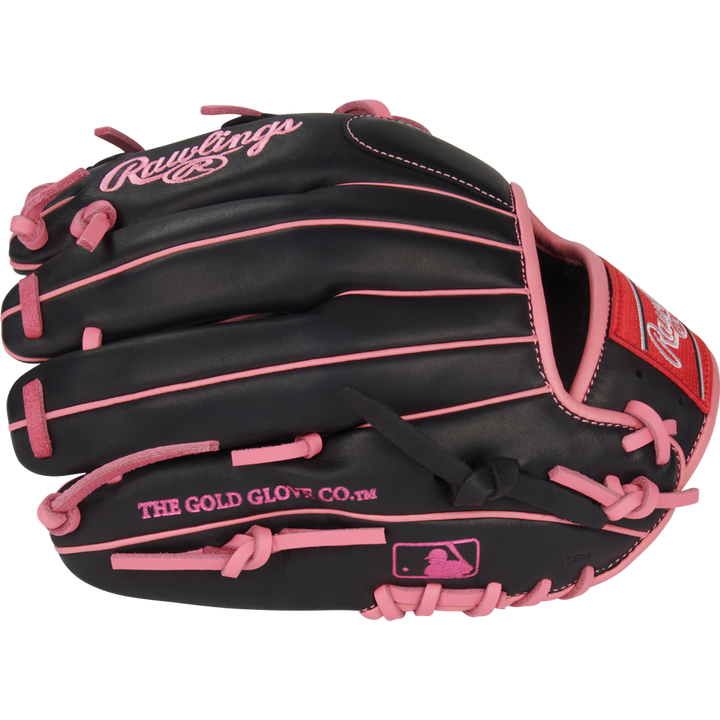 The Rawlings R9 11.5" Baseball Glove (R9204-2BP) features a black design with pink laces, trim, logos, GOLD GLOVE CO. text, and MLB logo—ideal for youth infielders who want standout style and top performance.