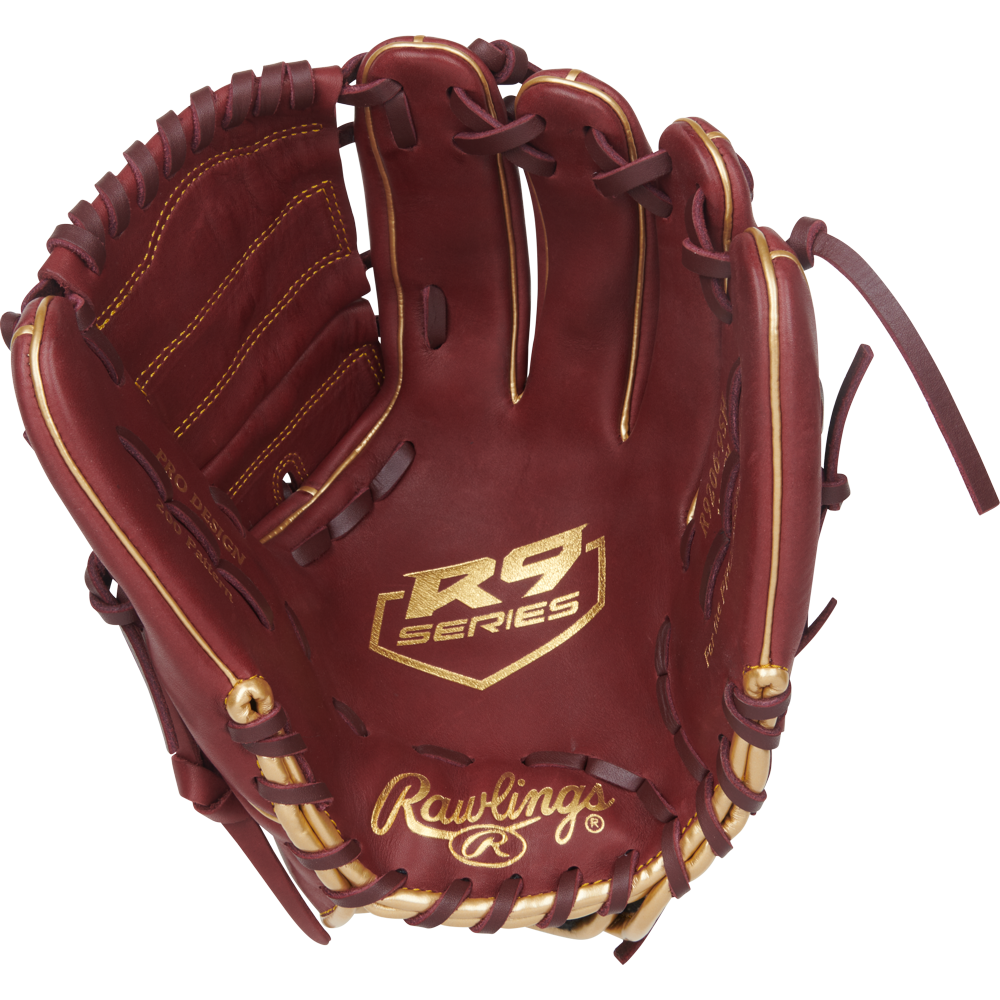 The Rawlings R9 12" Baseball Glove (R9206-9SH) features stylish maroon and gold accents, visible padding and laces, plus signature Rawlings branding—perfect for players seeking a high-performance glove.