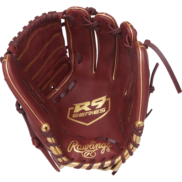 The Rawlings R9 12" Baseball Glove (R9206-9SH) features stylish maroon and gold accents, visible padding and laces, plus signature Rawlings branding—perfect for players seeking a high-performance glove.