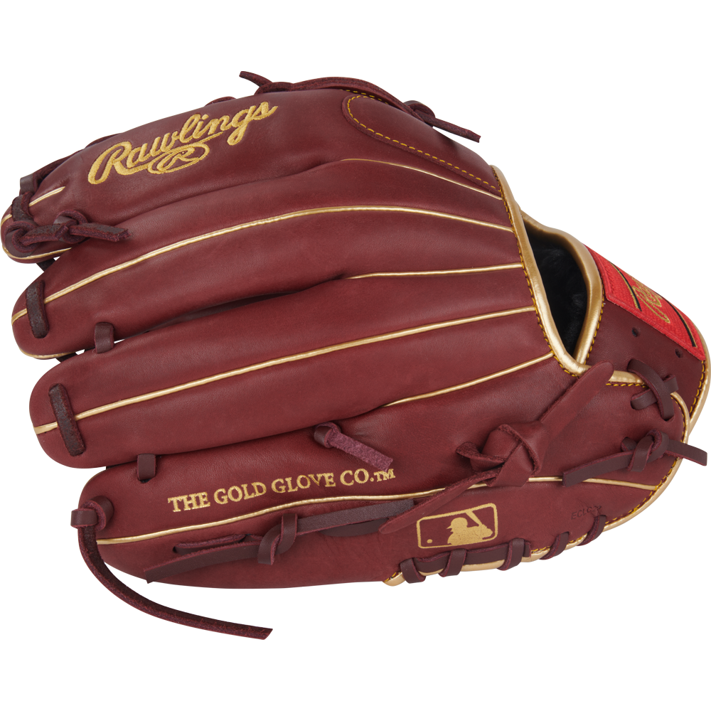 The Rawlings R9 12" Baseball Glove (R9206-9SH) is shown on a white background, featuring brown leather, yellow stitching, gold Rawlings logos including THE GOLD GLOVE CO. and the MLB logo—ideal for serious youth players.