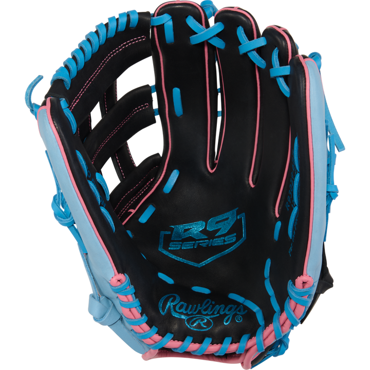 The Rawlings R9 12.75" Baseball Glove (R93029-6BP) features a black design with blue and pink laces plus colorful accents, offering youth outfielders eye-catching style and top Rawlings performance.