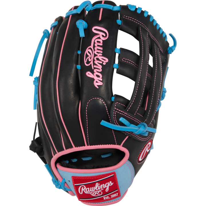 The Rawlings R9 12.75" Baseball Glove (R93029-6BP) features a striking black and pink design, making it an ideal youth outfield glove that delivers both style and top performance.